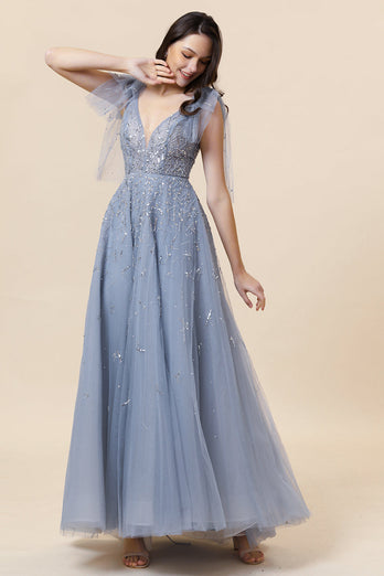 A Line Sparkly Beaded Blue Long Tulle Formal Dress