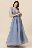 A Line Sparkly Beaded Blue Long Tulle Formal Dress