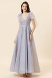 A Line Sparkly Beaded Blue Long Tulle Formal Dress