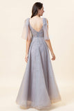 A Line Sparkly Beaded Blue Long Tulle Formal Dress