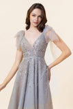 Sparkly Beaded Grey Long Tulle Formal Dress