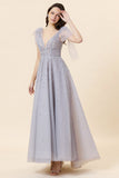 A Line Sparkly Beaded Blue Long Tulle Formal Dress