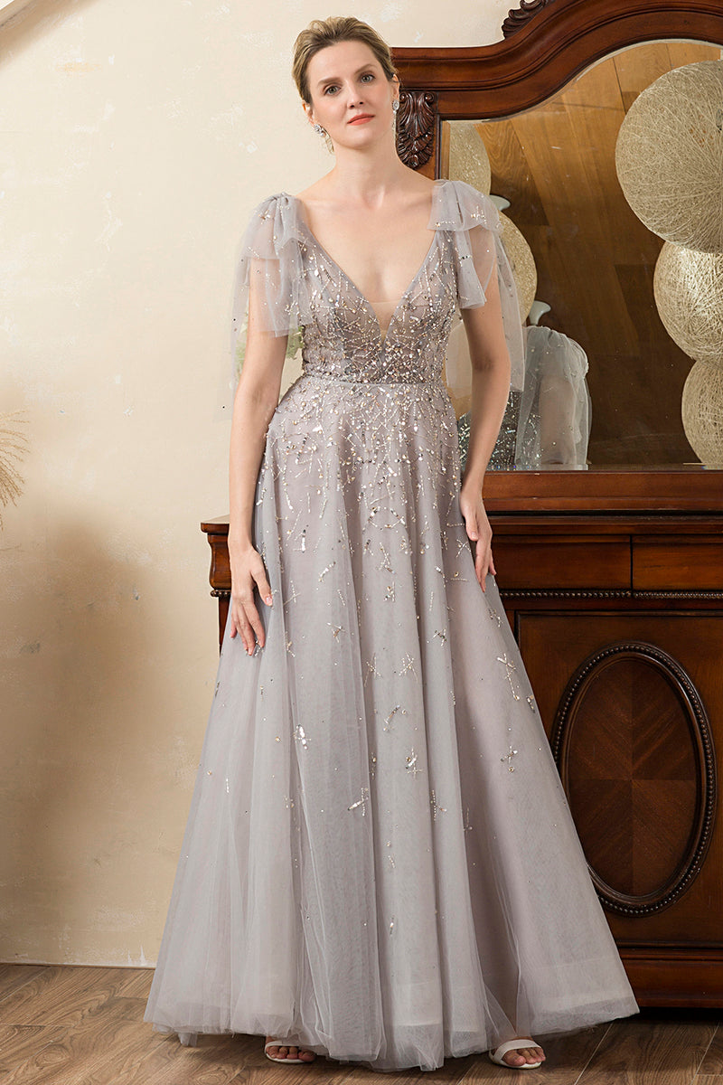 Load image into Gallery viewer, Grey A Line Beading Glitter Mother of the Bride Dress