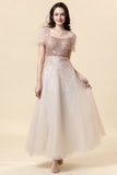 A Line Square Neck Blush Beading Long Formal Dress