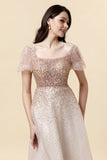 A Line Square Neck Blush Beading Long Formal Dress