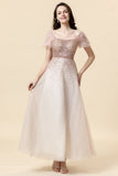 A Line Square Neck Blush Beading Long Formal Dress