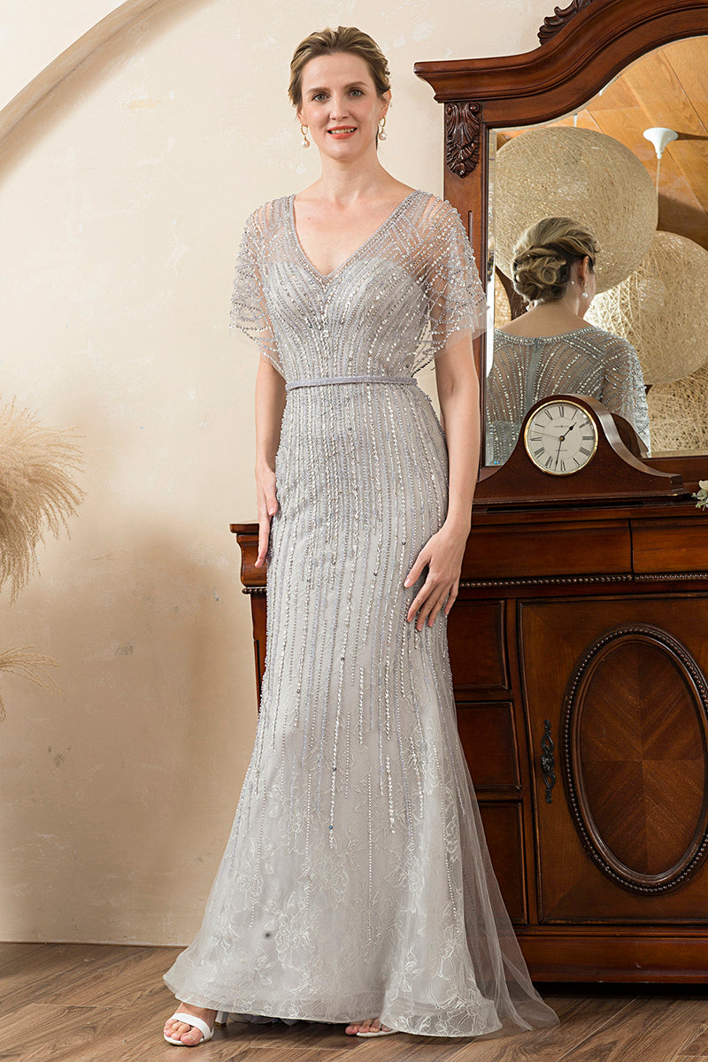 Load image into Gallery viewer, Beading V-Neck Glitter Mermaid Mother of Bride Dress