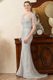 Beading V-Neck Glitter Mermaid Mother of Bride Dress