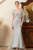 Beading V-Neck Glitter Mermaid Mother of Bride Dress