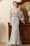 Beading V-Neck Glitter Mermaid Mother of Bride Dress