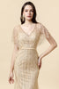 Load image into Gallery viewer, Mermaid V Neck Golden Beaded Long Formal Dress