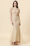 Mermaid V Neck Golden Beaded Long Formal Dress