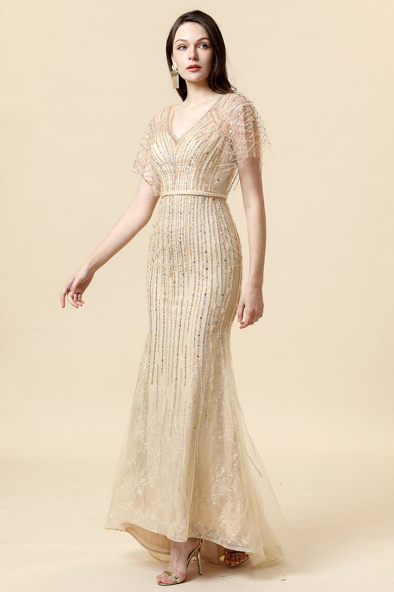 Load image into Gallery viewer, Mermaid V Neck Golden Beaded Long Formal Dress