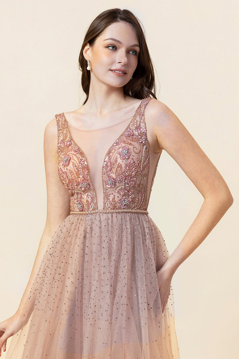 Load image into Gallery viewer, Sparkly Blush Beaded Long Tulle Formal Dress