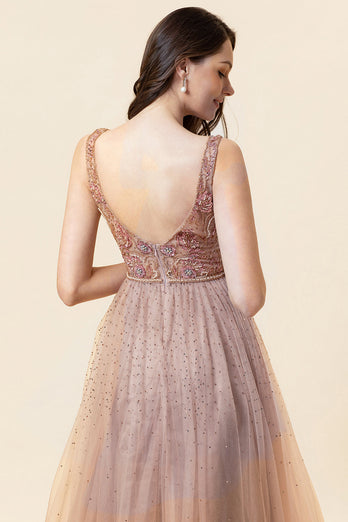 Sparkly Blush Beaded Long Tulle Formal Dress