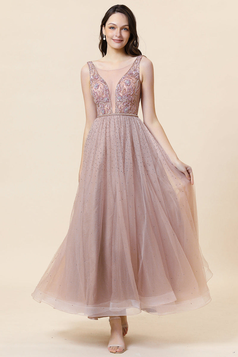 Load image into Gallery viewer, Sparkly Blush Beaded Long Tulle Formal Dress
