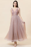 Sparkly Blush Beaded Long Tulle Formal Dress