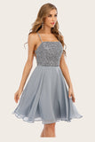 Grey Beaded Short Graduation Dress