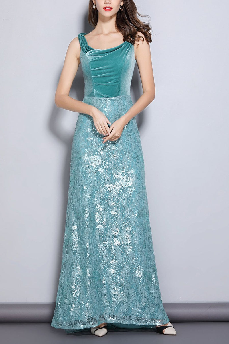 Load image into Gallery viewer, Turquoise Sheath Scoop Neck Lace Velvet Dress