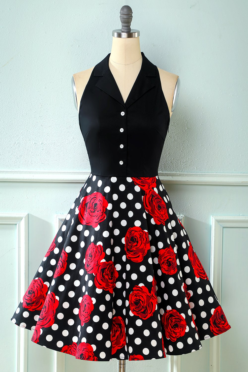Black Rose Floral Polka Dots Vintage Dress