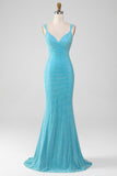 Sparkly Turquoise Mermaid Spaghetti Straps Long Formal Dress With Beading