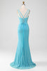 Load image into Gallery viewer, Sparkly Turquoise Mermaid Spaghetti Straps Long Formal Dress With Beading