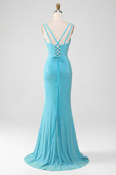 Sparkly Turquoise Mermaid Spaghetti Straps Long Formal Dress With Beading