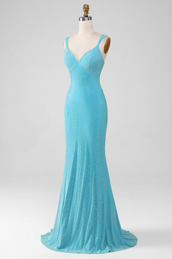 Sparkly Turquoise Mermaid Spaghetti Straps Long Formal Dress With Beading