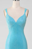 Sparkly Turquoise Mermaid Spaghetti Straps Long Formal Dress With Beading