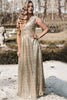 Load image into Gallery viewer, Gold V Neck Sequin Prom Bridesmaid