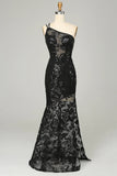 Sheath One Shoulder Backless Black Lace Long Formal Dress