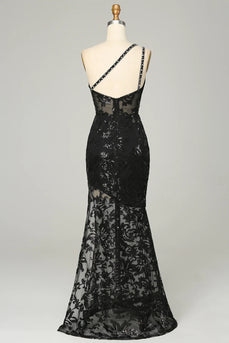 Sheath One Shoulder Backless Black Lace Long Formal Dress