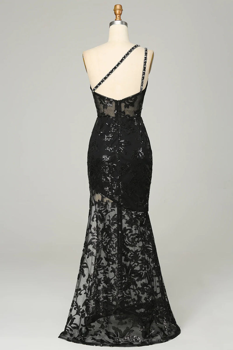 Load image into Gallery viewer, Sheath One Shoulder Backless Black Lace Long Formal Dress