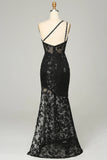 Sheath One Shoulder Backless Black Lace Long Formal Dress