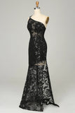 Sheath One Shoulder Backless Black Lace Long Formal Dress