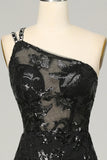 Sheath One Shoulder Backless Black Lace Long Formal Dress