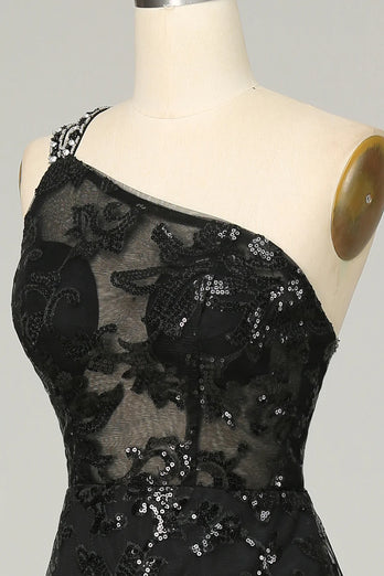 Sheath One Shoulder Backless Black Lace Long Formal Dress