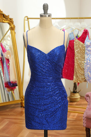 Blue Sequins Tight Backless Short Formal Dress