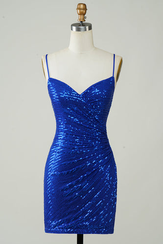 Sparkly Bodycon Spaghetti Straps Royal Blue Sequins Short Formal Dress