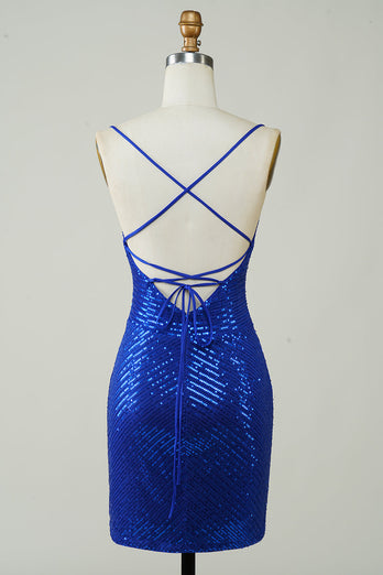 Sparkly Bodycon Spaghetti Straps Royal Blue Sequins Short Formal Dress
