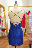 Blue Sequins Tight Backless Short Formal Dress