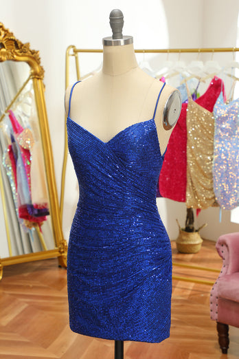 Blue Sequins Tight Backless Short Formal Dress