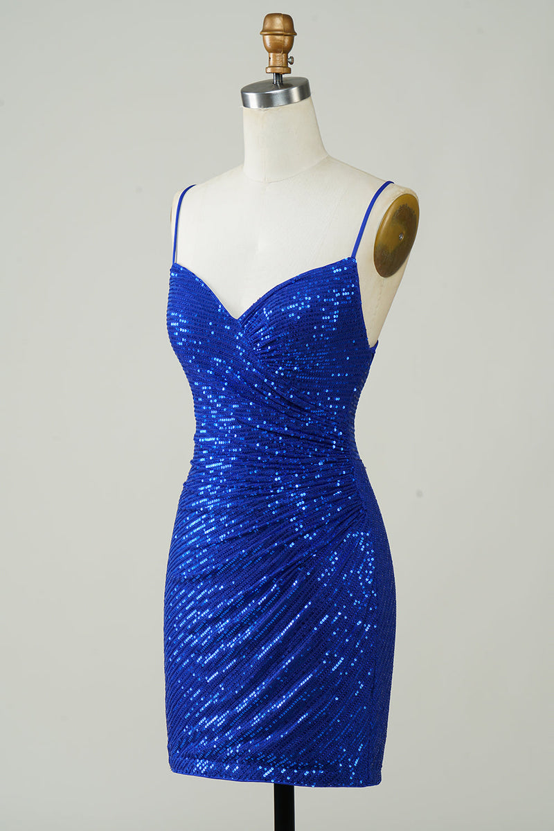 Load image into Gallery viewer, Sparkly Bodycon Spaghetti Straps Royal Blue Sequins Short Formal Dress