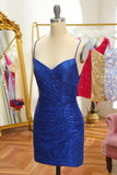 Blue Sequins Tight Backless Short Formal Dress