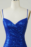 Sparkly Bodycon Spaghetti Straps Royal Blue Sequins Short Formal Dress