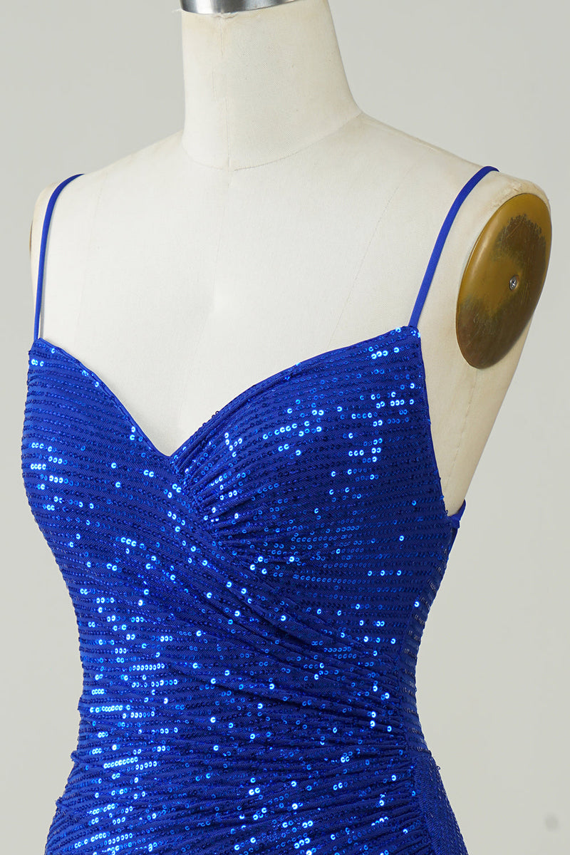 Load image into Gallery viewer, Sparkly Bodycon Spaghetti Straps Royal Blue Sequins Short Formal Dress