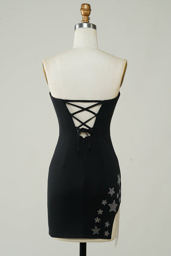 Stylish Sheath Strapless Black Short Formal Dress with Tassel