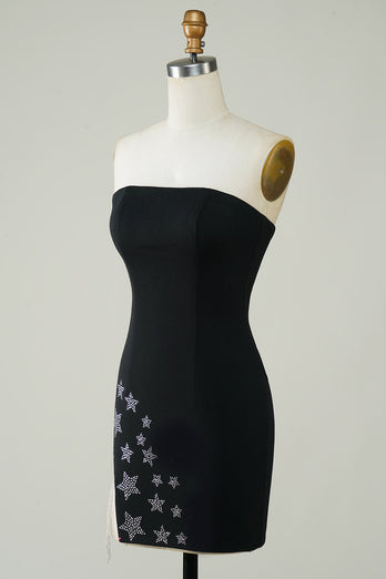 Stylish Sheath Strapless Black Short Formal Dress with Tassel