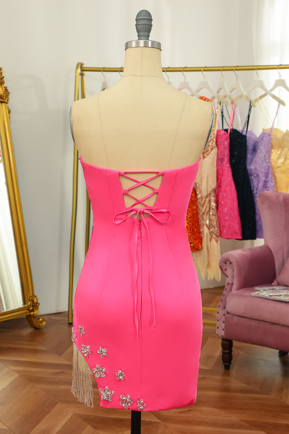 Pink Tight Short Formal Dress with Star and Fringes