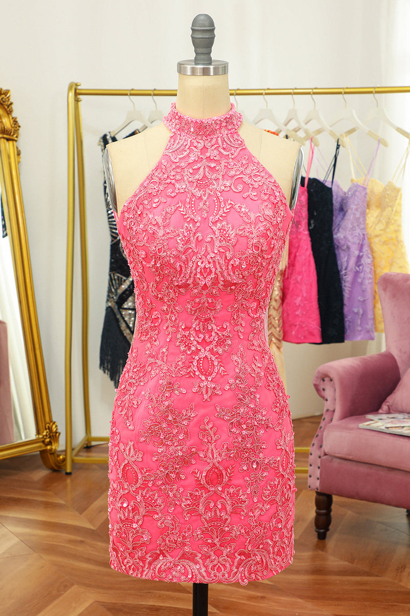 Load image into Gallery viewer, Pink Open Back Halter Lace Tight Short Formal Dress